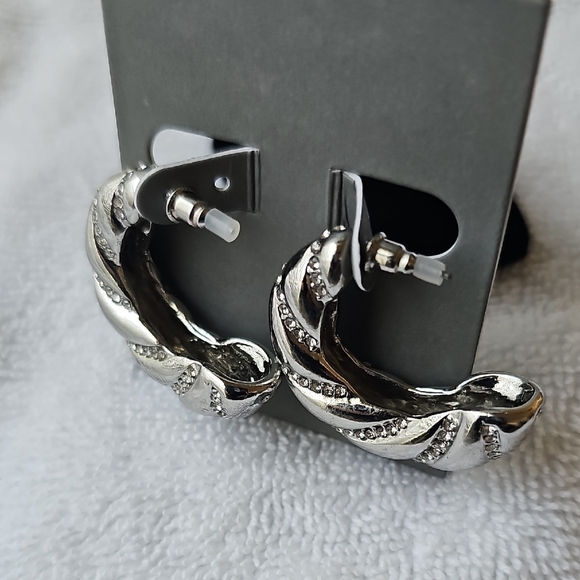 NEW Nordstrom Rack Pave Twisted Silver Hoop Earrings - Picture 6 of 8